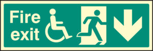 Fire exit (running man, disabled symbol, arrow down)